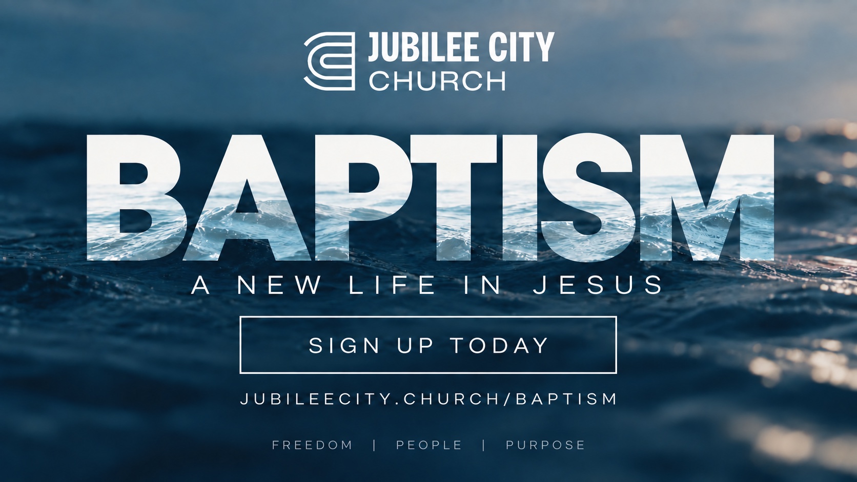 Jubilee City Church baptism: a new life in Jesus. Sign up today at jubileecity.church/baptism.